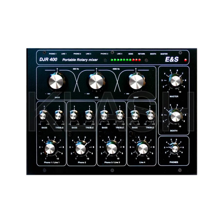 MIXER DJR 400 A 4 CANALI DISPONIBILE A NOLEGGIO A MILANO, IN VERSIONE STANDARD E CON OPZIONE CUE / MIX E SEND / RETURN PER DJ