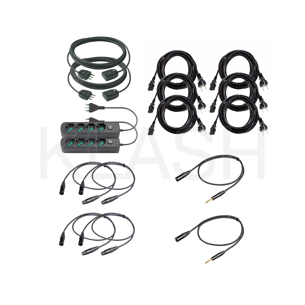 FOTO KIT CAVI AVANZATO 5 M PER NOLEGGIO A MILANO CON 2 PROLUNGHE 16A 2 CIABATTE 6 VDE 4 XLR E 2 JACK XLR PER DJ REGIA PALCO BACKLINE EVENTI LIVE